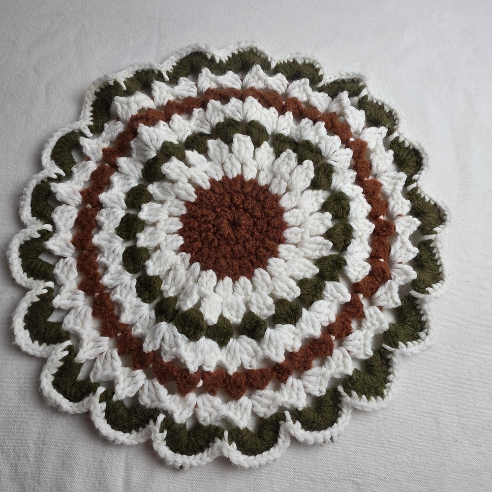 Vintage Handmade Crochet Doily Round Earth Tones Green Brown White Boho Fall